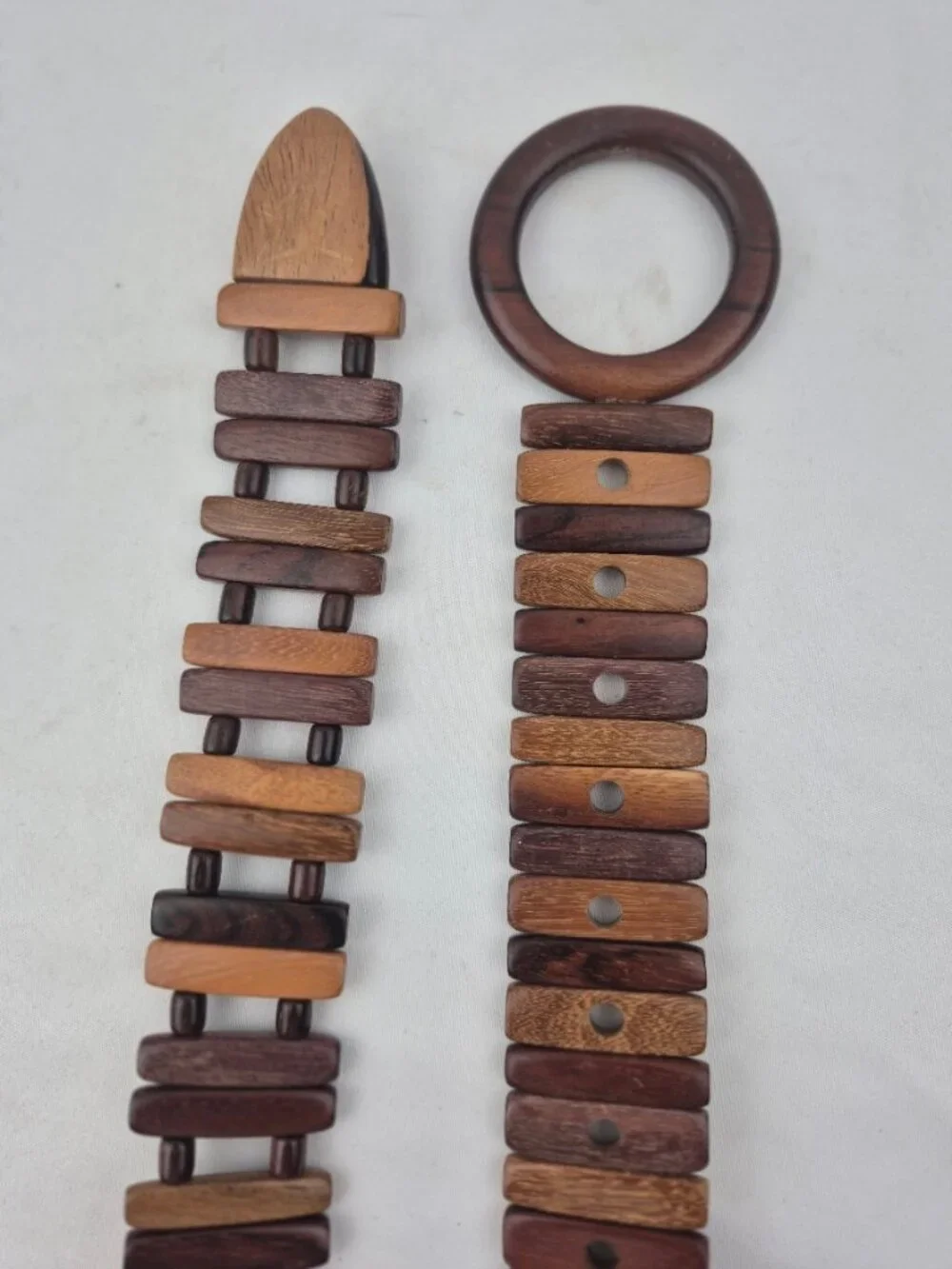 Vintage Boho Multi-Wood Slat & Bead Articulated Link Belt Round Wood Buckle